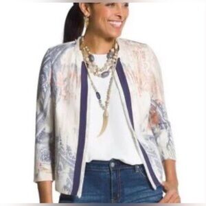 Chico's Watercolor Print Open Front Linen Blend.Fringe Ribbon Jacket. NWT
